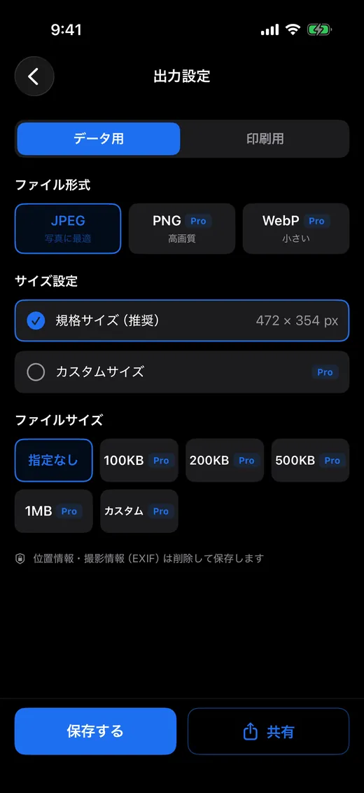 出力設定（データ用）の画面