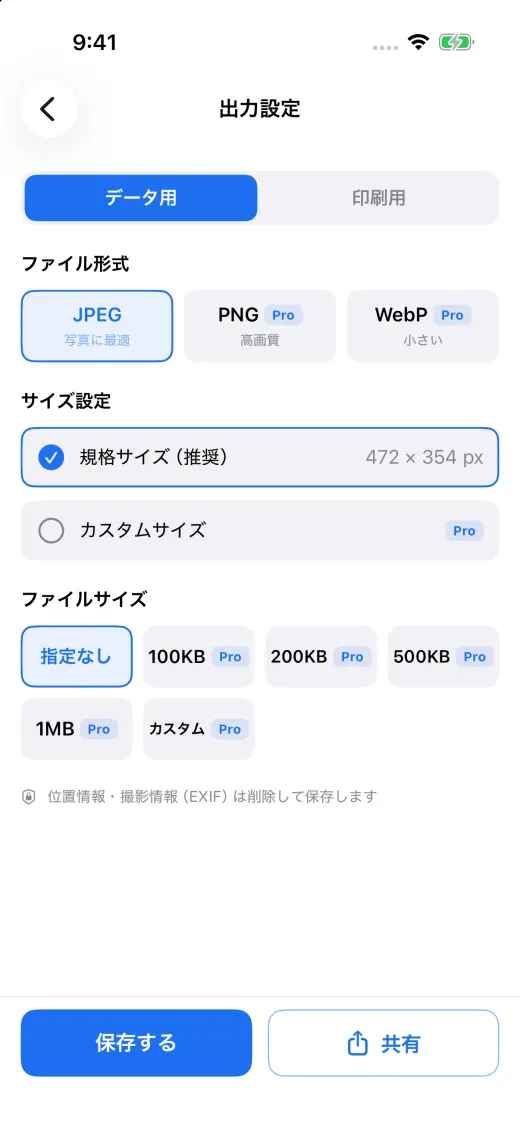 出力設定（データ用）の画面